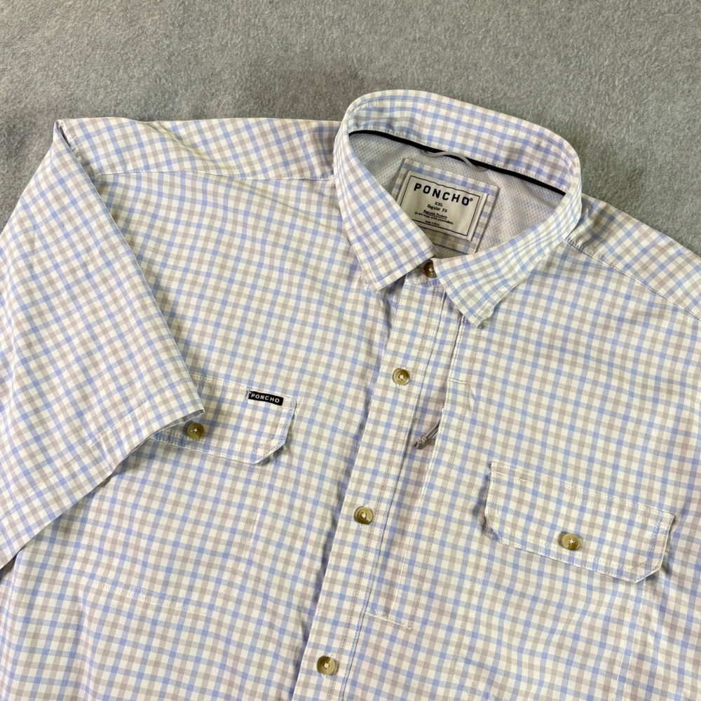 Poncho Outdoors Fishing Shirt XXL Blue Plaid Magnetic Pockets Vented Gorpcore